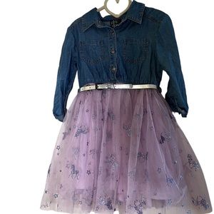 Pink & Violet Unicorn Belted Denim Shirt Dress with Tulle Skirt